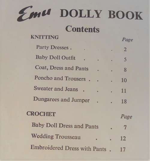 DOLLY BOOK BY EMU B.20 KNITTED & CROCHET - 9 OUTFITS TO FIT  DOLL  11 1/2 - 12 - 14- 18` - 20 PAGES