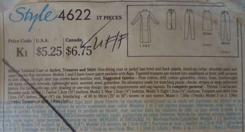 STYLE 4622 UNLINED COAT-JACKET-PANTS-SKIRT SIZE 8-10-12 COMPLETE-UNCUT-F/FOLDED