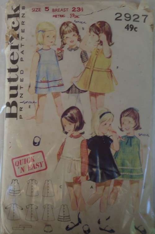 VINTAGE BUTTERICK 2927 GIRL`S DRESS-SMOCK-PANTIES SIZE 5 YEARS BREAST 23 1/2 COMPLETE- ZIPLOC BAG