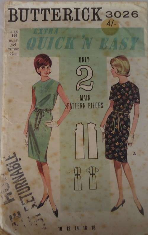 VINTAGE BUTTERICK 3026 SHIFT DRESS  SIZE 18 BUST 38 NO SEWING INSTRUCTIONS