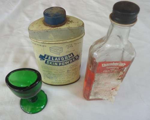 SELECTION OF VINTAGE MEDICINE BOTTLES  & TIN WITH GREEN EYE BATH