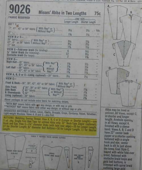 VINTAGE McCALLS 9026 ABBA IN 2 LENGTHS ONE SIZE  COMPLETE-UNCUT-F/FOLDED-ZIPLOC