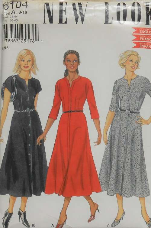 NEW LOOK PATTERNS 6104 FRONT BUTTON DRESS SIZE 8 - 18 COMPLETE