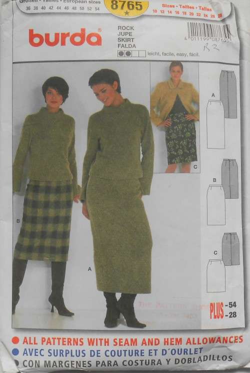 BURDA PATTERNS 8765 SET OF SKIRTS SIZE 10 - 28 COMPLETE