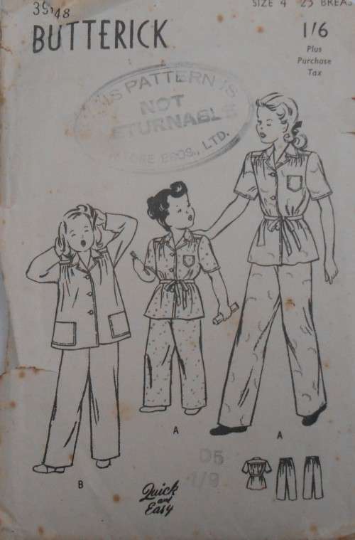 V/VINTAGE BUTTERICK 3945  GIRLS PJS - SIZE 4 BREAST 23: NO PANTS PATTERN SUPPLIED - ZIPLOC BAG