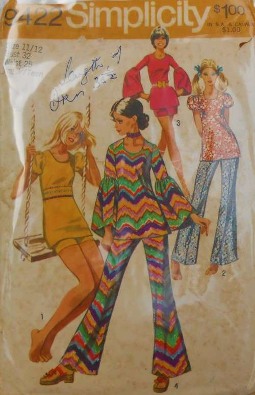VINTAGE SIMPLICITY 9422 TEENS BELL BOTTOM PANTS & TUNIC SIZE 11/12 COMPLETE-ZIPLOC BAG