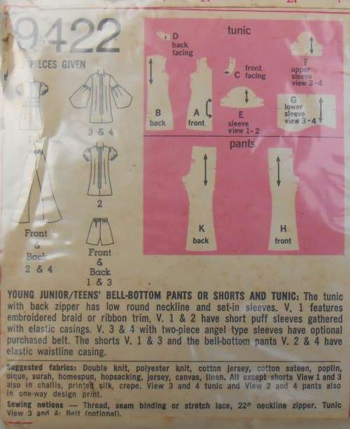 VINTAGE SIMPLICITY 9422 TEENS BELL BOTTOM PANTS & TUNIC SIZE 11/12 COMPLETE-ZIPLOC BAG