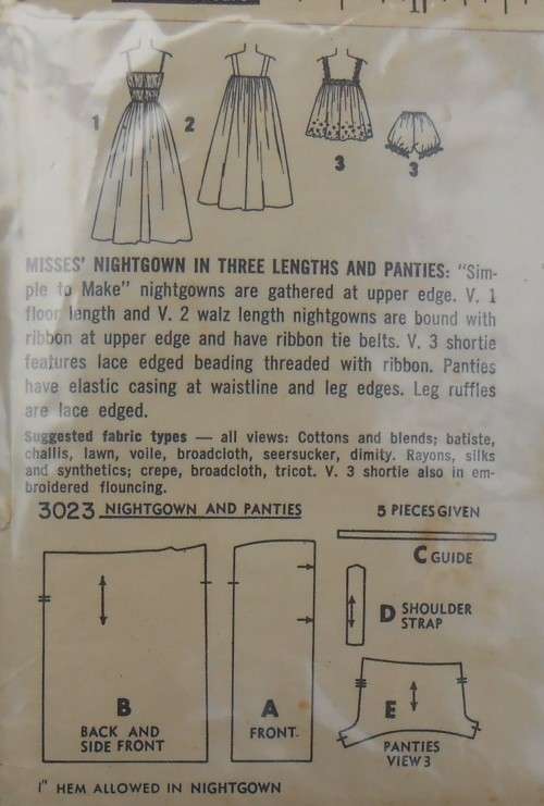VINTAGE SIMPLICITY 3023  LADIES NIGHTGOWN & PANTIES   SIZE 14 BUST 34 COMPLETE-UNCUT-F/FOLDED-ZIPLOC
