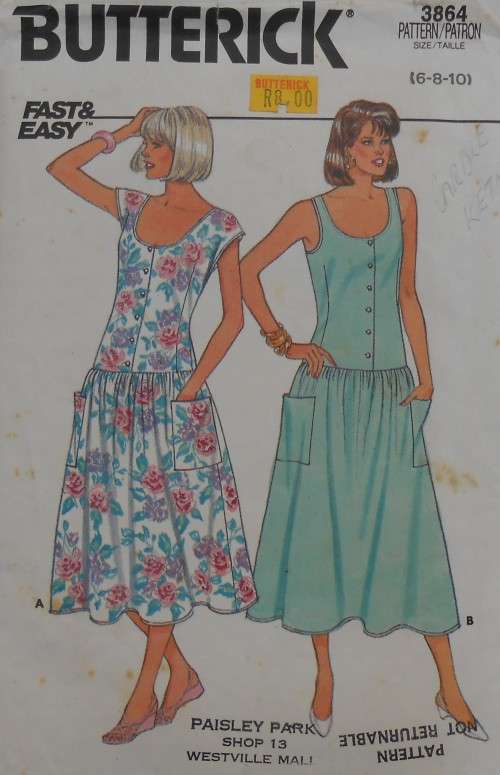 BUTTERICK 3864 FITTED BODICE DROPPED WAIST DRESS SIZE 6-8-10 COMPLETE