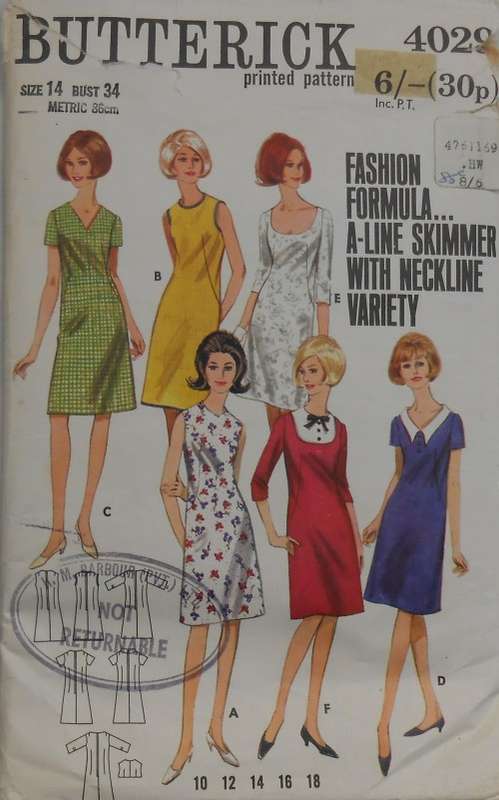 VINTAGE BUTTERICK 4029 SEMI FITTING A LINE DRESS SIZE 14 BUST 34  COMPLETE