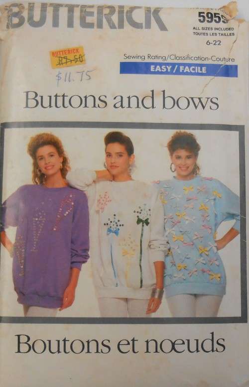 BUTTERICK 5959 BUTTONS & BOWS TOPS SIZE 6-22 COMPLETE