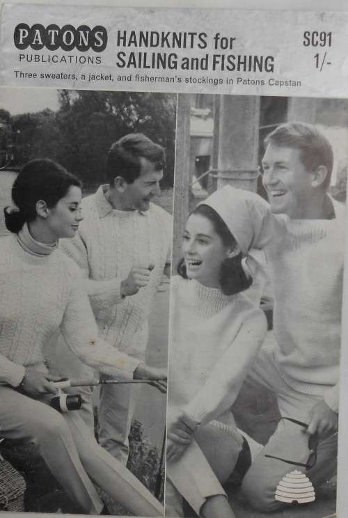 PATONS #SC91 HANDKNITS FOR SAILING & FISHING - 3 SWEATERS, A JACKET, & FISHERMAN`S STOCKINGS