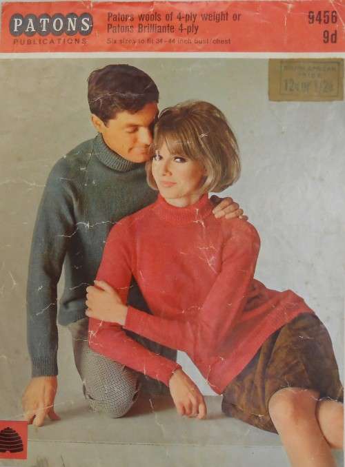 PATONS #9456 HIS OR HERS POLO NECK SWEATERS SIZES 34 - 44`