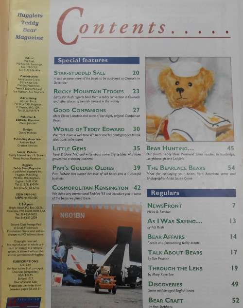 HUGGLETS TEDDY BEAR MAGAZINE - UK WINTER 1995 VOL 6 ISSUE 3- 60 PAGE A4 PAGE MAGAZINE