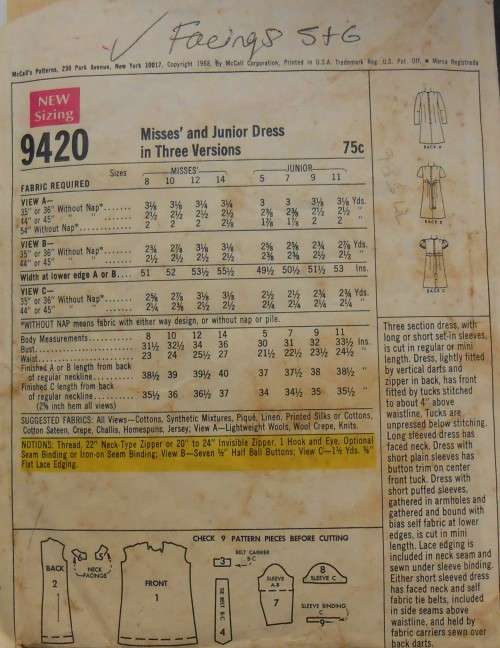 VINTAGE McCALLS 9420  DRESS IN 3 VERSIONS SIZE 10 BUST 32 1/2 - COMPLETE
