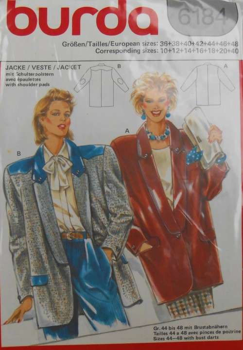 BURDA 6184  JACKETS SIZE 10-12-14-16-18-20-40 COMPLETE