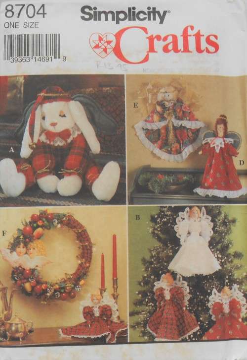 SIMPLICITY 8704 CHRISTMAS DECORATIONS-ANGEL TREE TOPPER-DECORATIONS-BUNNY-WREATH- COMPLETE-UNCUT-F/F