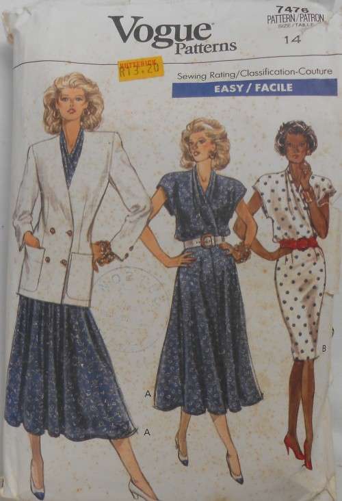 VOGUE 7476 JACKET & DRESS SIZE 14  COMPLETE-ZIPLOC BAG