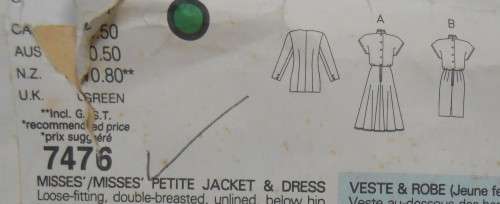 VOGUE 7476 JACKET & DRESS SIZE 14  COMPLETE-ZIPLOC BAG