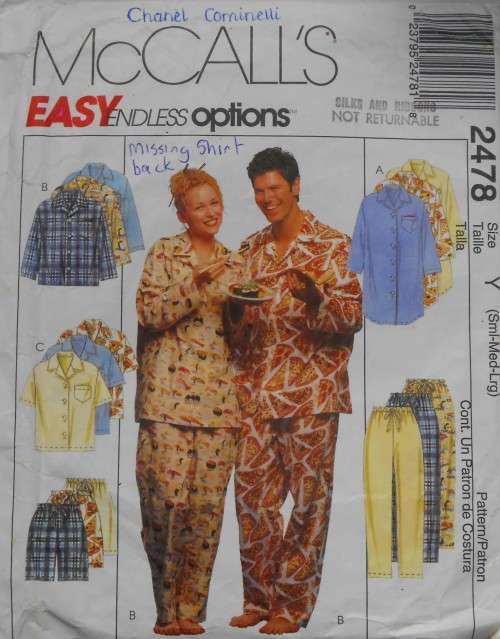 McCALLS 2478  UNISEX NIGHT SHIRT-PULL ON PANTS/SHORTS SIZEY S-M-L (31-40) SEE LISTING