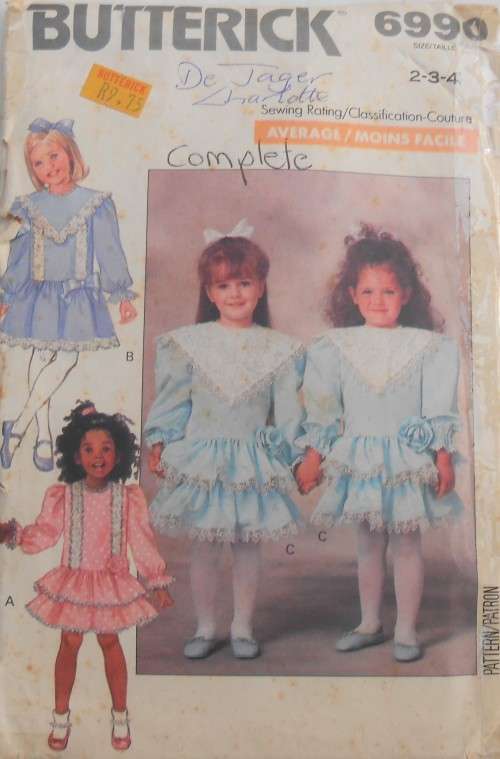 BUTTERICK PATTERN 6990 GIRL`S PARTY DRESS SIZES 2 + 3 + 4 YEARS COMPLETE