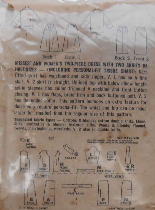 VINTAGE SIMPLICITY 6193 TWO PIECE DRESS WITH 2 SKIRTS SIZE 18 1/2  BUST 39-COMPLETE-ZIPLOC BAG