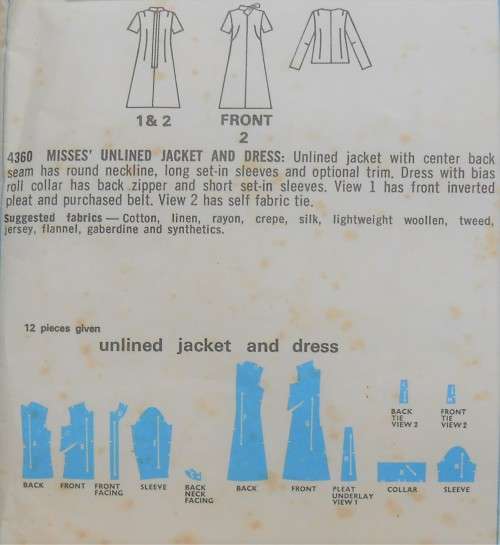 VINTAGE STYLE 4360 UNLINED JACKET & DRESS SIZE 14 BUST 36  COMPLETE