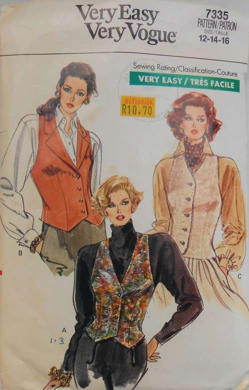 VOGUE 7335 FITTED WAISTCOATS SIZE 12-14-16 COMPLETE-ZIPLOC BAG