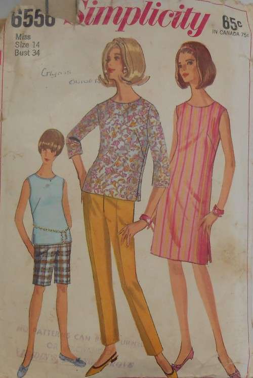 VINTAGE SIMPLICITY 6556 PANTS IN 2 LENGTHS & DRESS OR OVERBLOUSE SIZE 14 BUST 34 COMPLETE