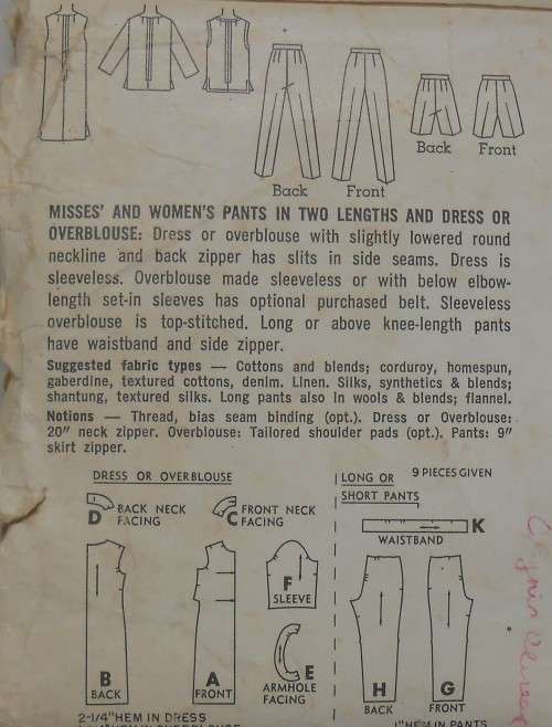 VINTAGE SIMPLICITY 6556 PANTS IN 2 LENGTHS & DRESS OR OVERBLOUSE SIZE 14 BUST 34 COMPLETE