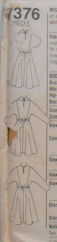 SIMPLICITY 7376 DRESS WITH DOLMAN SLEEVES SIZE 10-12-14 COMPLETE-UNCUT-F/FOLDED