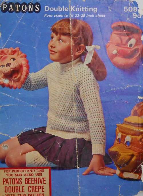 PATONS #5087  - SATURDAY MORNING FUN -  4 SIZES TO FIT 22 - 29` CHEST - PATTERN SHOWS WEAR