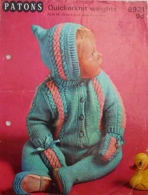 PATONS  9921 - HOODED JACKET, LEGGINGS & MITTS  TO FIT 18 - 19` OR UP TO 6 MONTHS