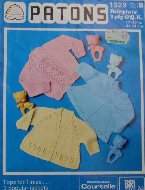 PATONS  1329 TOPS FOR TINIES...3 POPULAR JACKETS 17-20` 43-51 CM