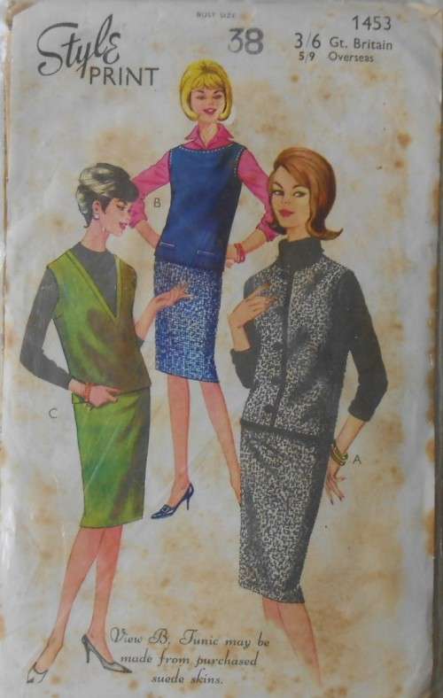 V/VINTAGE STYLE PRINT 1453 BUTTONED OR SLIPOVER TUNIC TOP WITH SLIM SKIRT SIZE 38 COMPLETE
