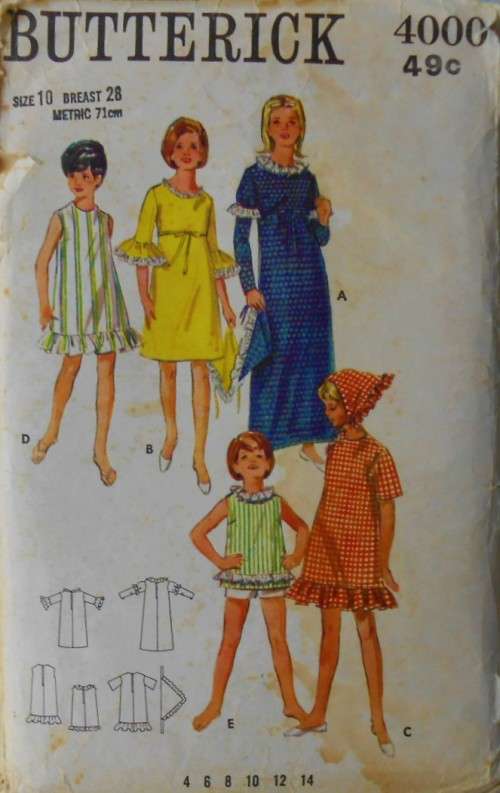 VINTAGE BUTTERICK 4000 DRESS-COVER UP-HANDKERCHIEF SIZE 10 YEARS BREAST 28 COMPLETE-UNCUT-F/FOLDED