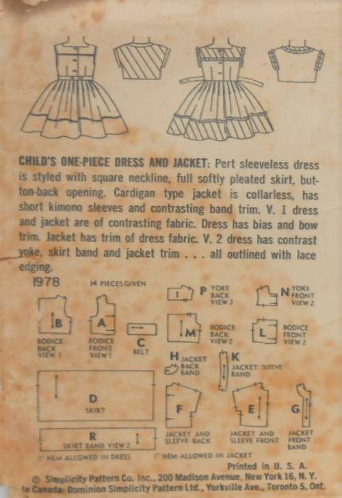 VINTAGE SIMPLICITY 1943 GIRLS ONE PIECE DRESS & JACKET SIZE 4 YEARS -COMPLETE -ZIPLOC