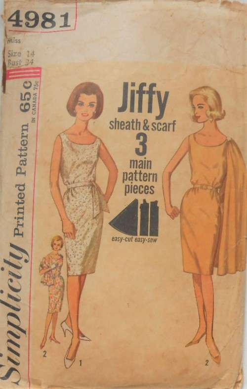 VINTAGE SIMPLICITY 4981 ONE  PIECE DRESS & SCARF SIZE 14 BUST 34 SEE LISTING