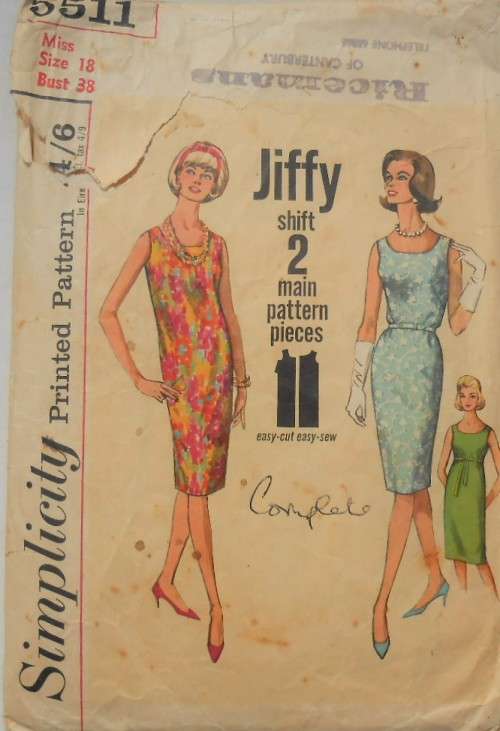 VINTAGE SIMPLICITY 5511 ONE PIECE DRESS SIZE 18 BUST 38 COMPLETE-ZIPLOC