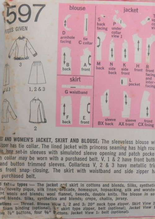 VINTAGE SIMPLICITY 8597 JACKET-SKIRT-BLOUSE SIZE 16 COMPLETE-ZIPLOC