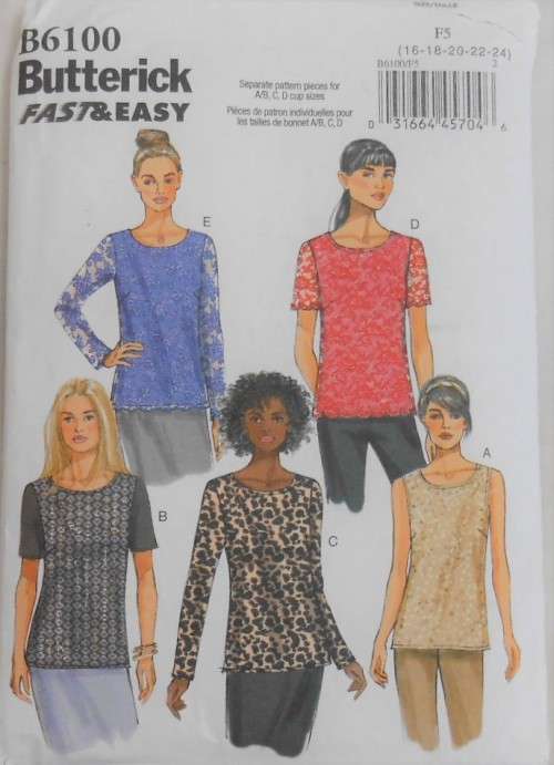BUTTERICK B6100  SEMI FITTED PULLOVER TOPS SIZE F5 16-18-20-22-24 COMPLETE CUT TO SIZE 22