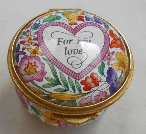 STAFFORDSHIRE ENAMELS HAND PAINTED TRINKET BOX WITH `FOR MY LOVE`- MADE IN ENGLAND