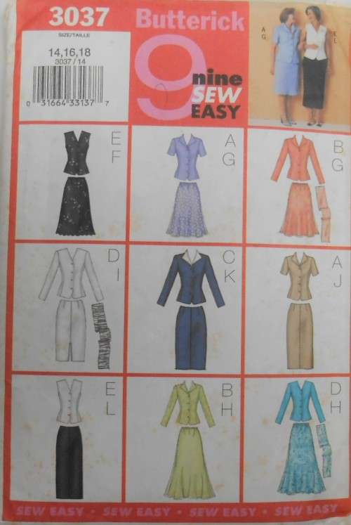 BUTTERICK 3037 SET OF TOPS-SKIRTS-SCARF SIZE 14-16-18 COMPLETE-UNCUT-F/FOLDED