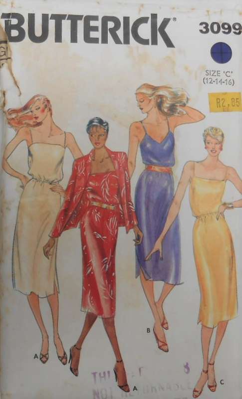 BUTTERICK 3099 SHOE STRING STRAP DRESS & JACKET SIZE 12-14-16 COMPLETE