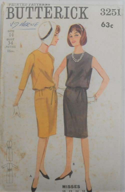 VINTAGE BUTTERICK 3251 ONE PIECE DRESS  SIZE 14 BUST 34 COMPLETE