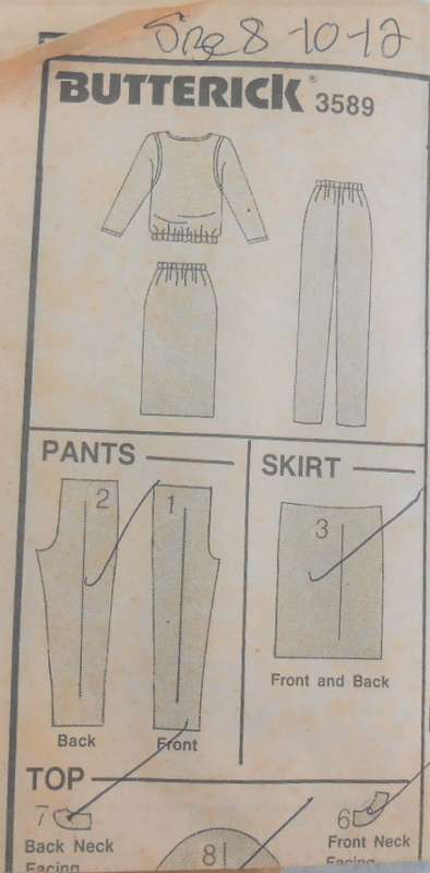 BUTTERICK 3589 TRACKSUIT TOP-PANTS-SKIRT SIZE 8-10-12 COMPLETE- NO COVER IN ZIPLOC BAG