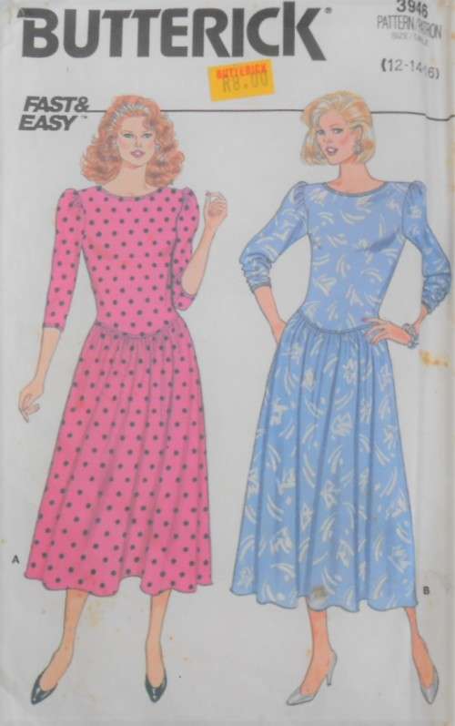 BUTTERICK 3946 DRESS WITH CLOSE FITTING-SHAPED-DROPPED WAIST BODICE SIZE 12-14 -16 COMPLETE