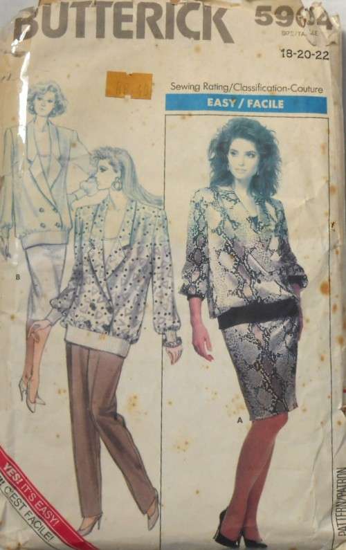 BUTTERICK 5904 TOP-TANK TOP-SKIRT-PANTS SIZE 18-20-22 NO SEWING INSTRUCTIONS SUPPLIED