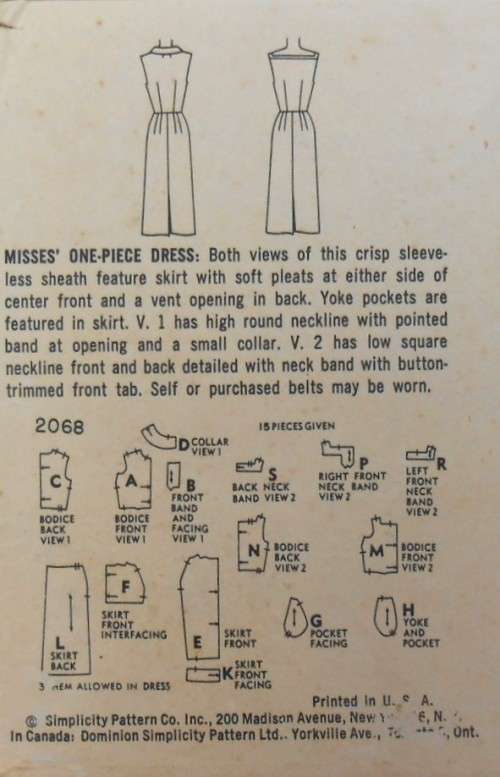 VINTAGE SIMPLICITY 2068  ONE PIECE DRESS SIZE 12 BUST 32 COMPLETE-UNCUT-F/FOLDED