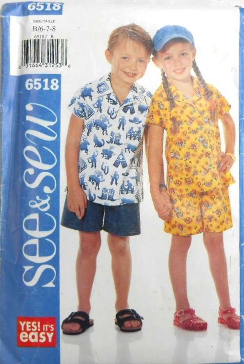 BUTTERICK 6518 GIRLS & BOYS SHIRT-PANTS SIZE 6--7-8 YEARS COMPLETE-UNCUT-F/FOLDED